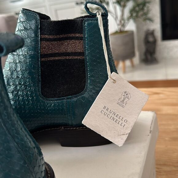 BRUNELLO CUCINELLI Size 37 EU Pull On Chelsea Boots EMERALD PYTHON LEATHER NEW - Picture 2 of 11